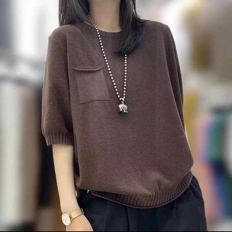 Women's Spring Autumn Round Neck Short Sleeve Knit Shirt Fashion Versatile Pullover Loose Fitting Trendy Elegant Solid Chic Tops