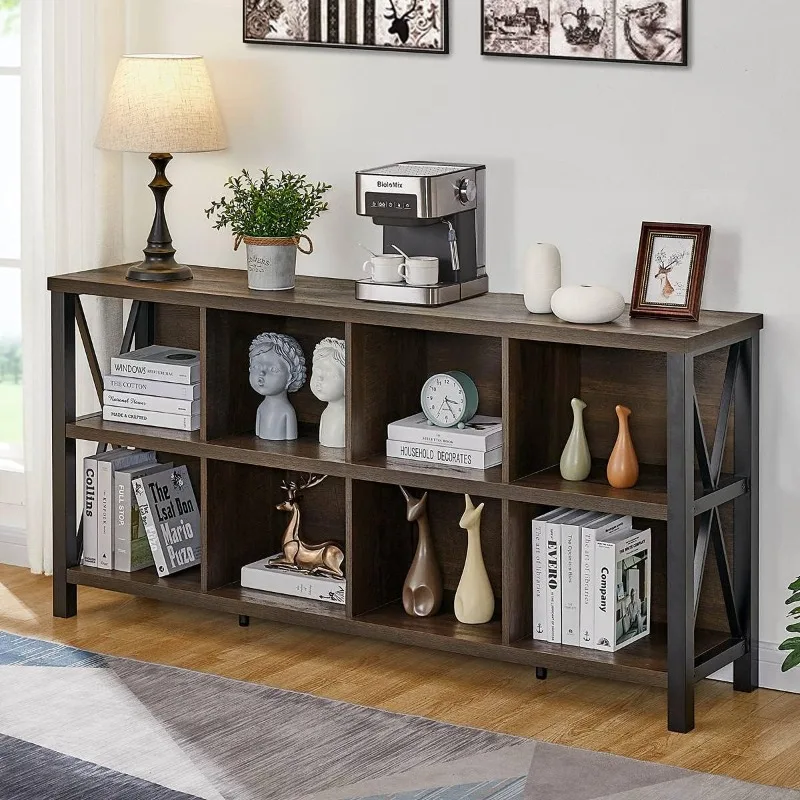 

8 Cube Storage Organizer Bookshelf, Rustic Wood Cubby Bookcase, Industrial Horizontal Long Shelf for Living Room