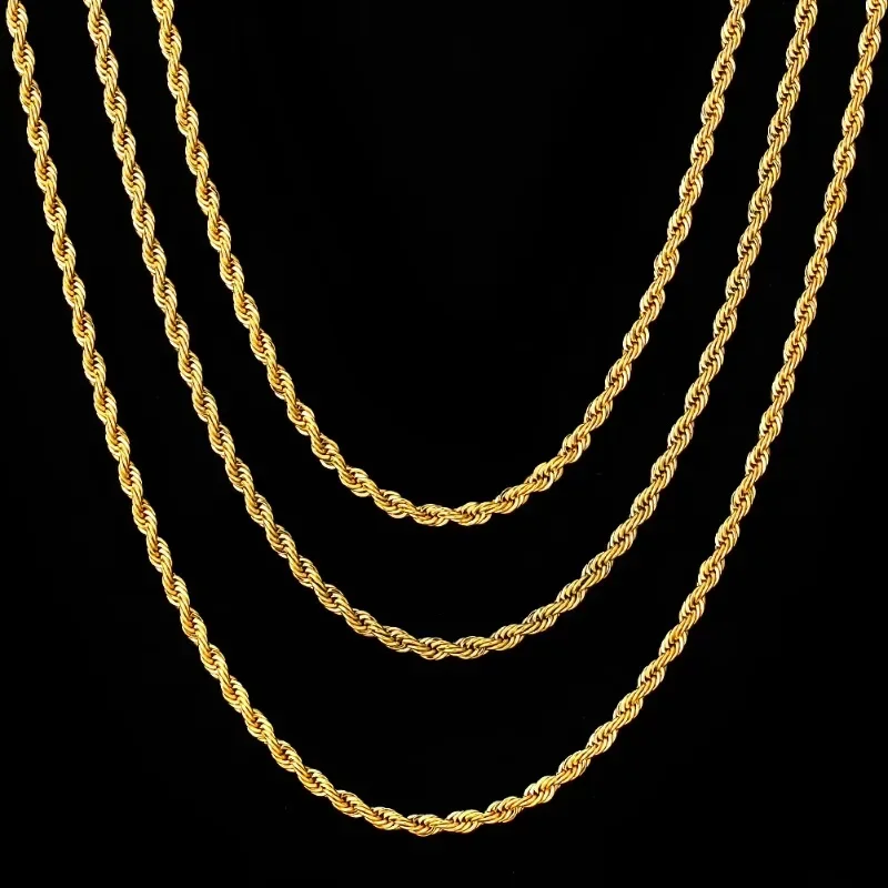 

3mm Real 18K Gold Plated Stainless Steel Twist Necklace Anti Tarnish Jewelry Women MEN Solid Gold Filled Diamond Cut Rope Chain