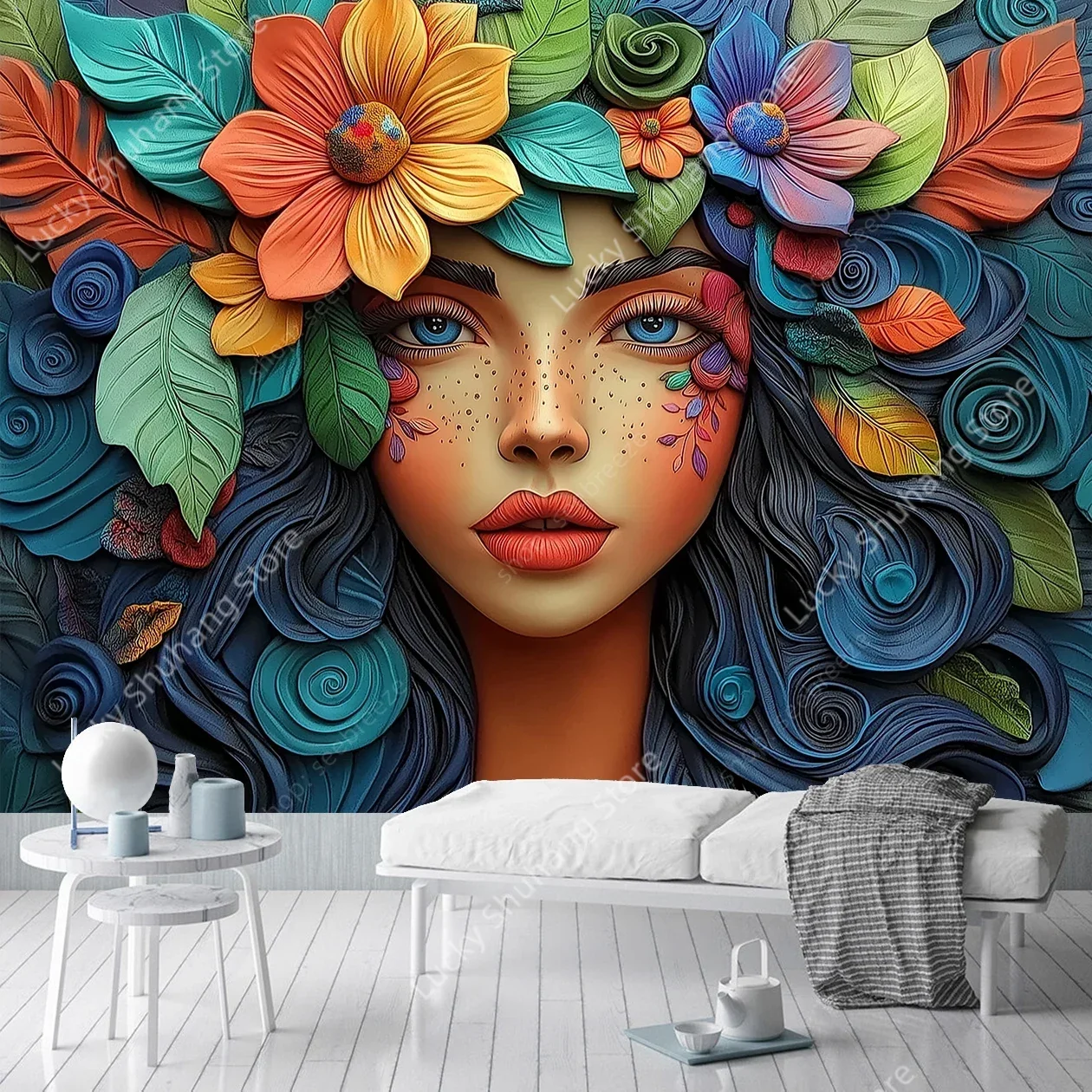 Vibrant Floral Head Portrait Wall Mural Tapestry Bohemian Boho Living Room Decor Art Print