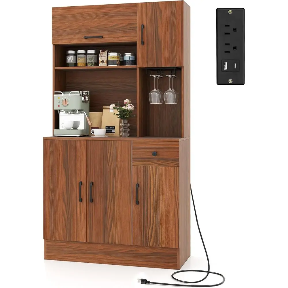 Walnut Living Room Hutch Cabinet, 66 with Charging Station, Microwave Stand, Storage Drawers, Adjustable Shelves, and Wine Glass