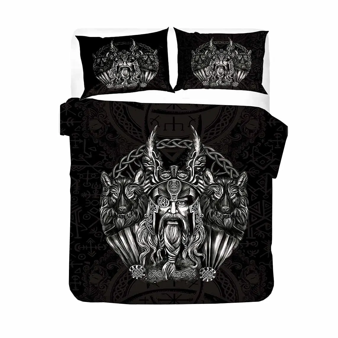 Viking Vintage King Queen Duvet Cover Norse Myth Bedding Set Medieval Folklore Totem Quilt Cover Grey Polyester Comforter Cover