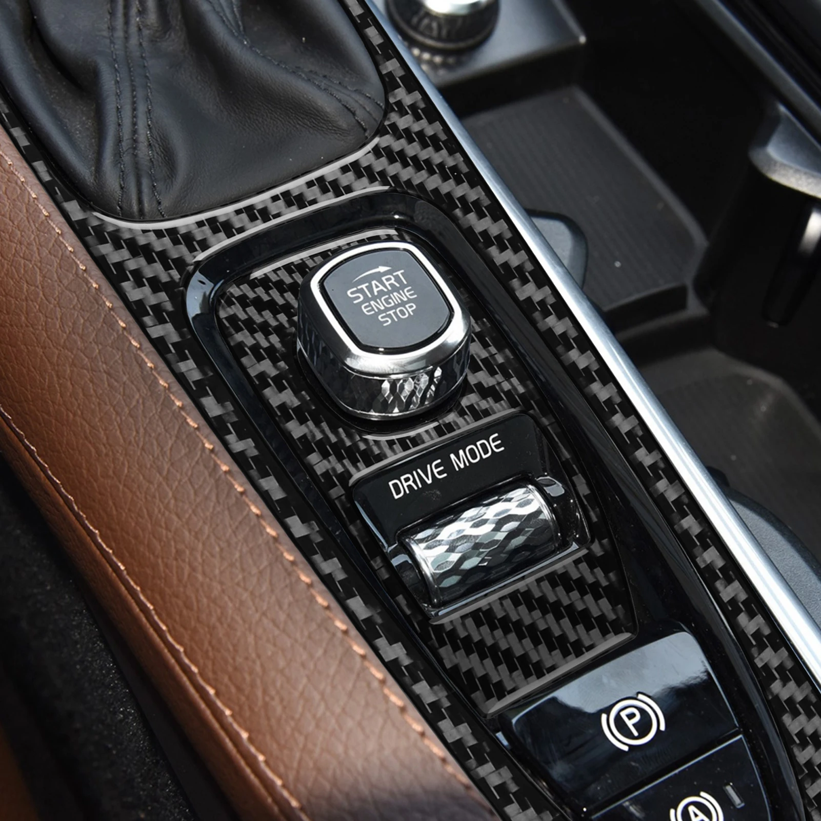 لفولفو XC90 2016—2021 اكسسوارات السيارات ألياف الكربون والعتاد التحول زر لوحة الزخرفية الغطاء الداخلي ملصق الكسوة تعديل