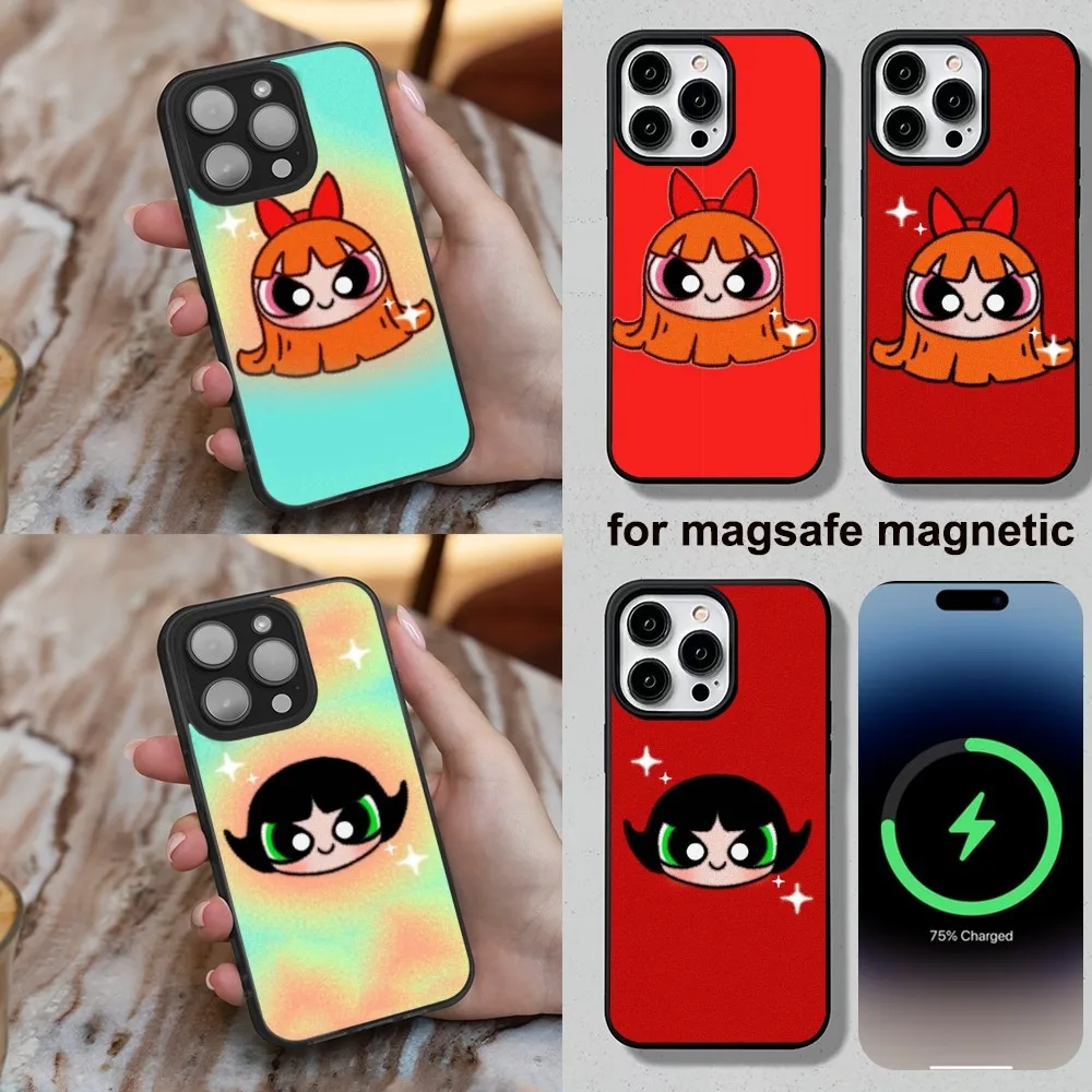 cute Girls Phone Case For iPhone 16,15,14,13,12,11,Plus,Pro,Max,Mini P-Powerpuff Magesafe Magnetic Wireless Charge