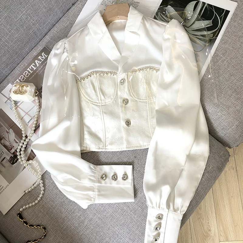 Chic Summer Women Rhinestones Satin Blouse White Faux Silk Diamonds Beaded Shirts Slim OL Long Sleeve Crystal Cardigan Crop Tops