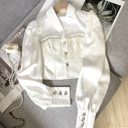 Chic Summer Women Rhinestones Satin Blouse White Faux Silk Diamonds Beaded Shirts Slim OL Long Sleeve Crystal Cardigan Crop Tops