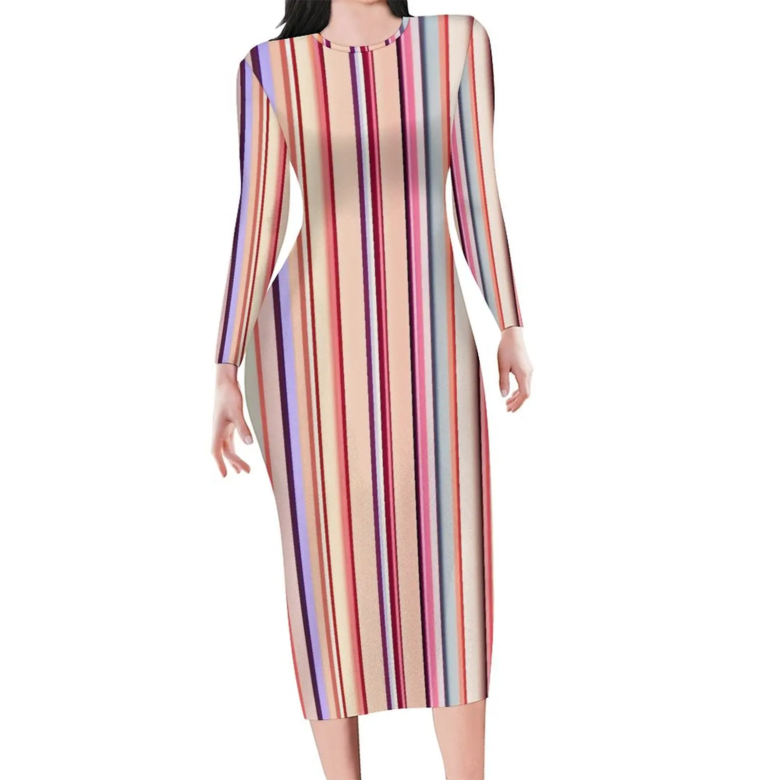 

Retro Striped Dress Long Sleeve Colorful Print Cute Dresses Autumn Female Aesthetic Design Bodycon Dress Big Size 4XL 5XL