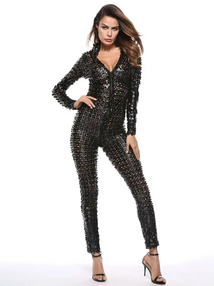 Wetlook glanzend PU-leer Catsuit visschaal uitgehold lange mouw rits open kruis bodysuit strakke hete sexy clubwear jumpsuit