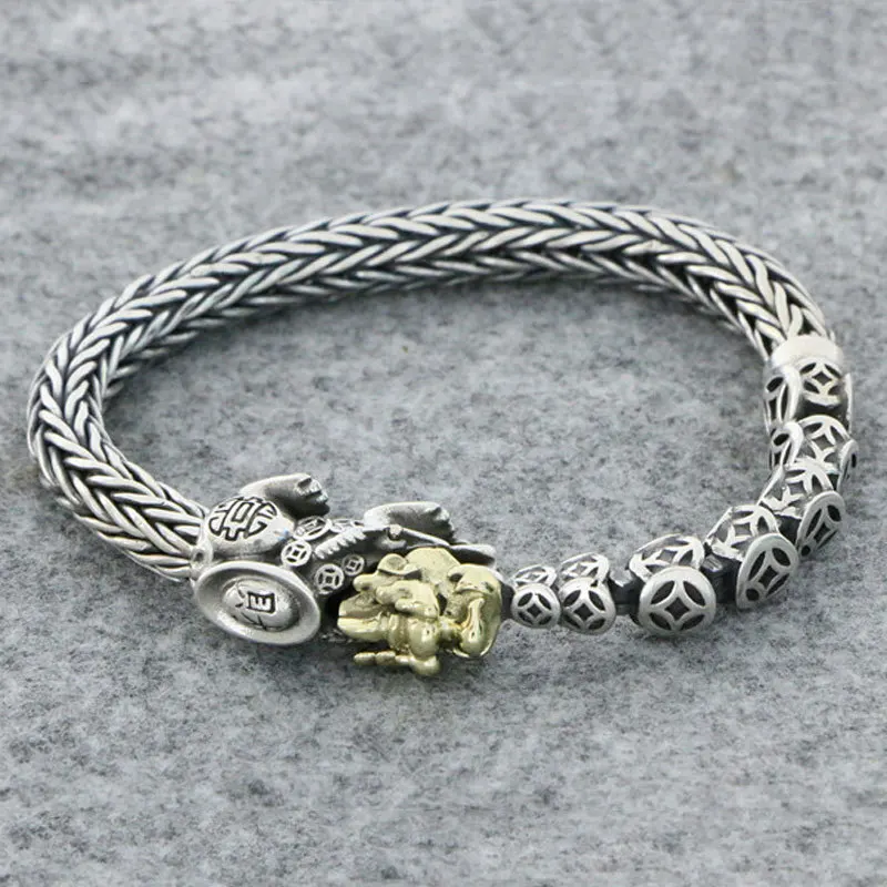 

S925 Sterling Silver Pixiu with Money Woven Chain Body Bracelet Retro Thai Silver Popular Men's Treasure Hunting Jewelry