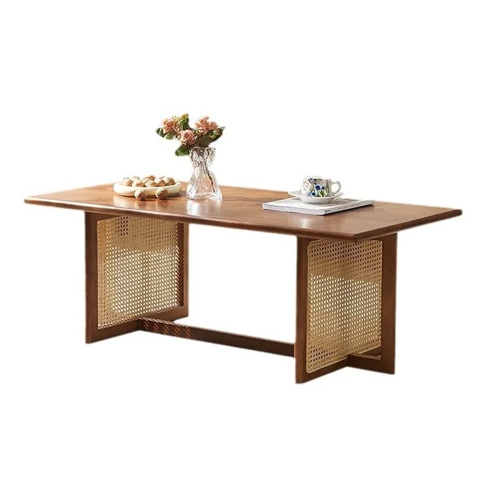 

*-style Solid Wood Tea Table Rectangular Household Living Room Rattan Ash Wood Bed and Breakfast Furniture Retro Low Table