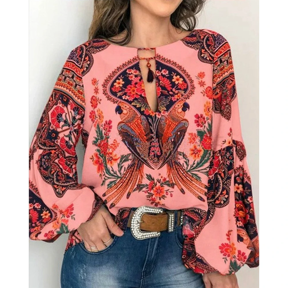 Blusa floral estampada étnica para mulheres, blusa gola v, manga lanterna, design borla, streetwear casual, moda primavera, verão