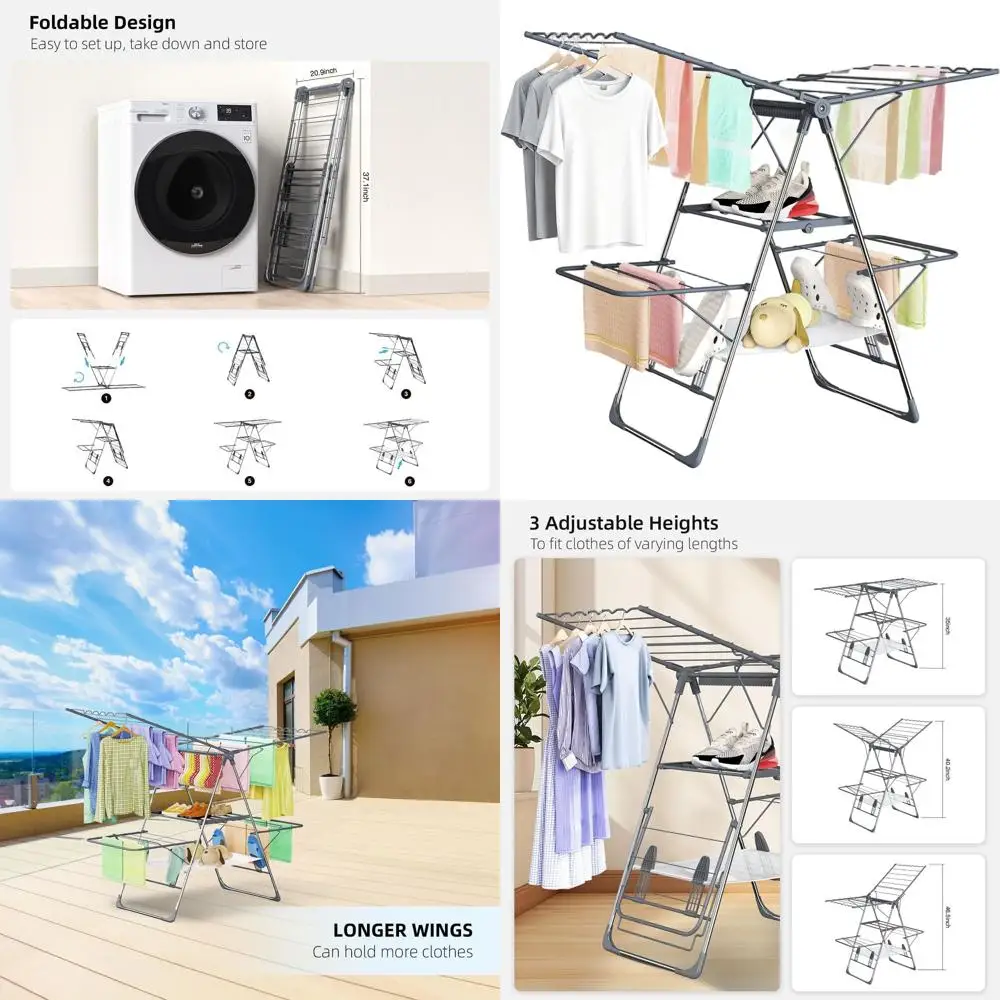

Collapsible 2-Tier Stainless Steel Laundry Rack for Indoor/Outdoor Clothes Drying with Adjustable Height Wings