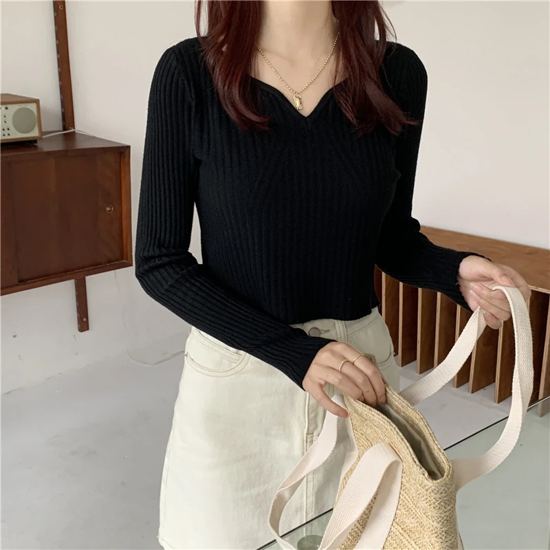 Rib Knit Sweater for Women Pullovers Fitted Sweetheart Neckline Long Sleeve Plain Jumper Teen-girl Fall Winter Basic Outfit