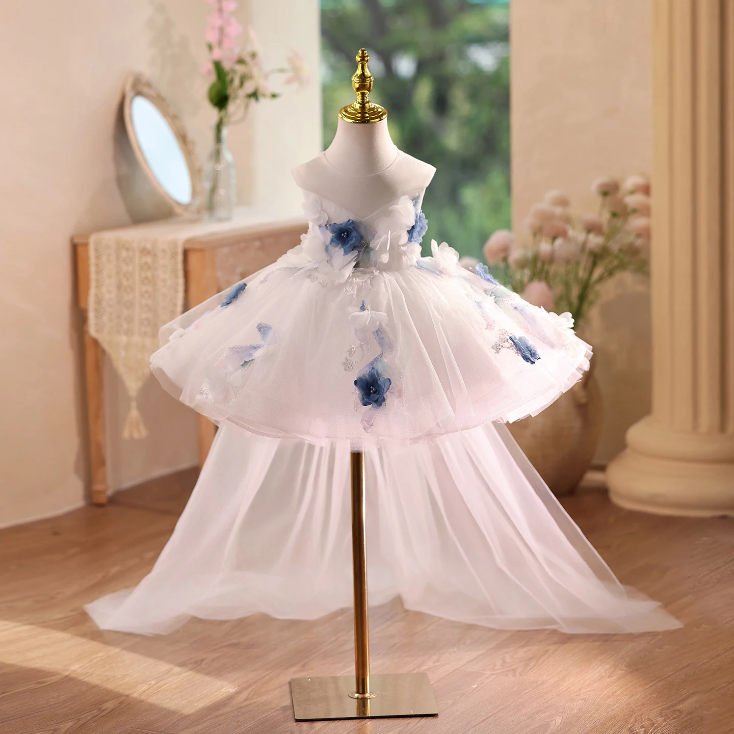 KLFGD New girls' light luxury niche high-end trailing dress flower girl wedding dress white elegant princess dress