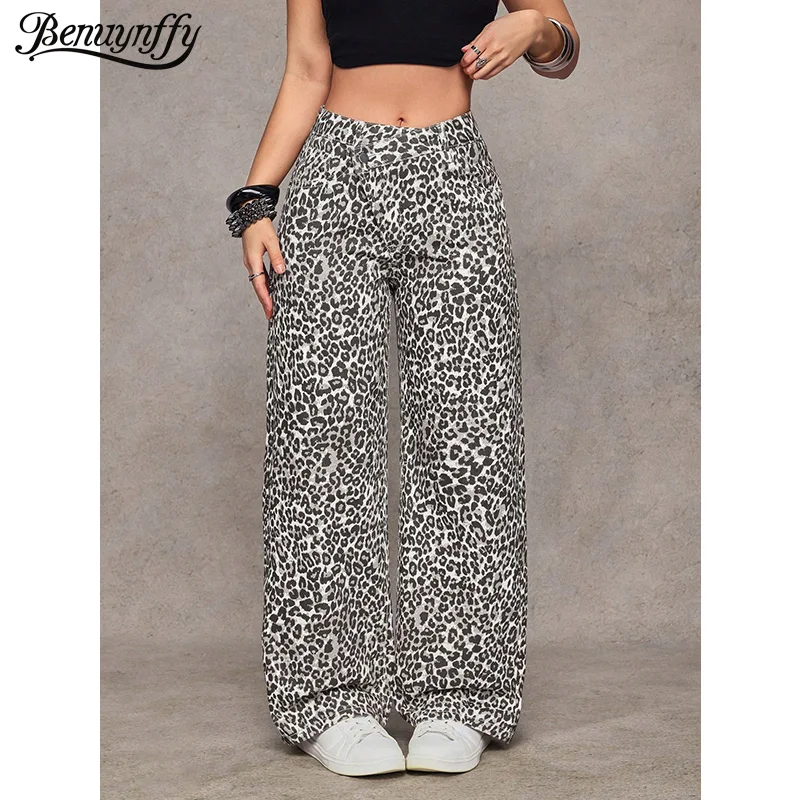 Benuynffy Leopard Print Asymmetrical Waist Straight leg Jeans Women's Y2K Street Retro All Match Casual Female Denim Trousers