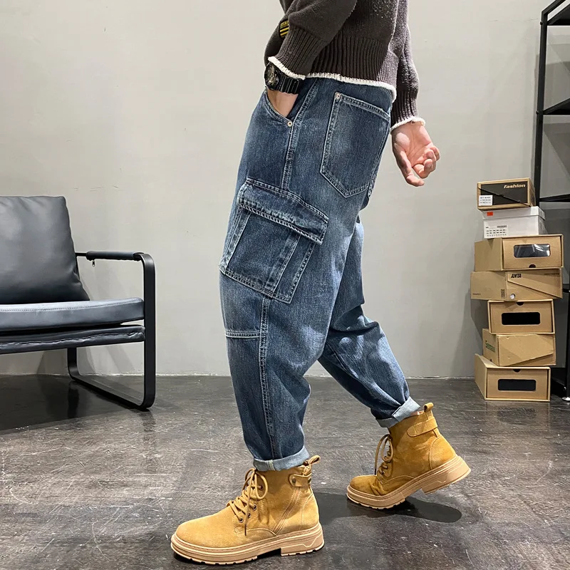 High quality long baggy cargo jeans for men big size multi pocket cotton denim casual vintage trousers new 2024 clothing - blue