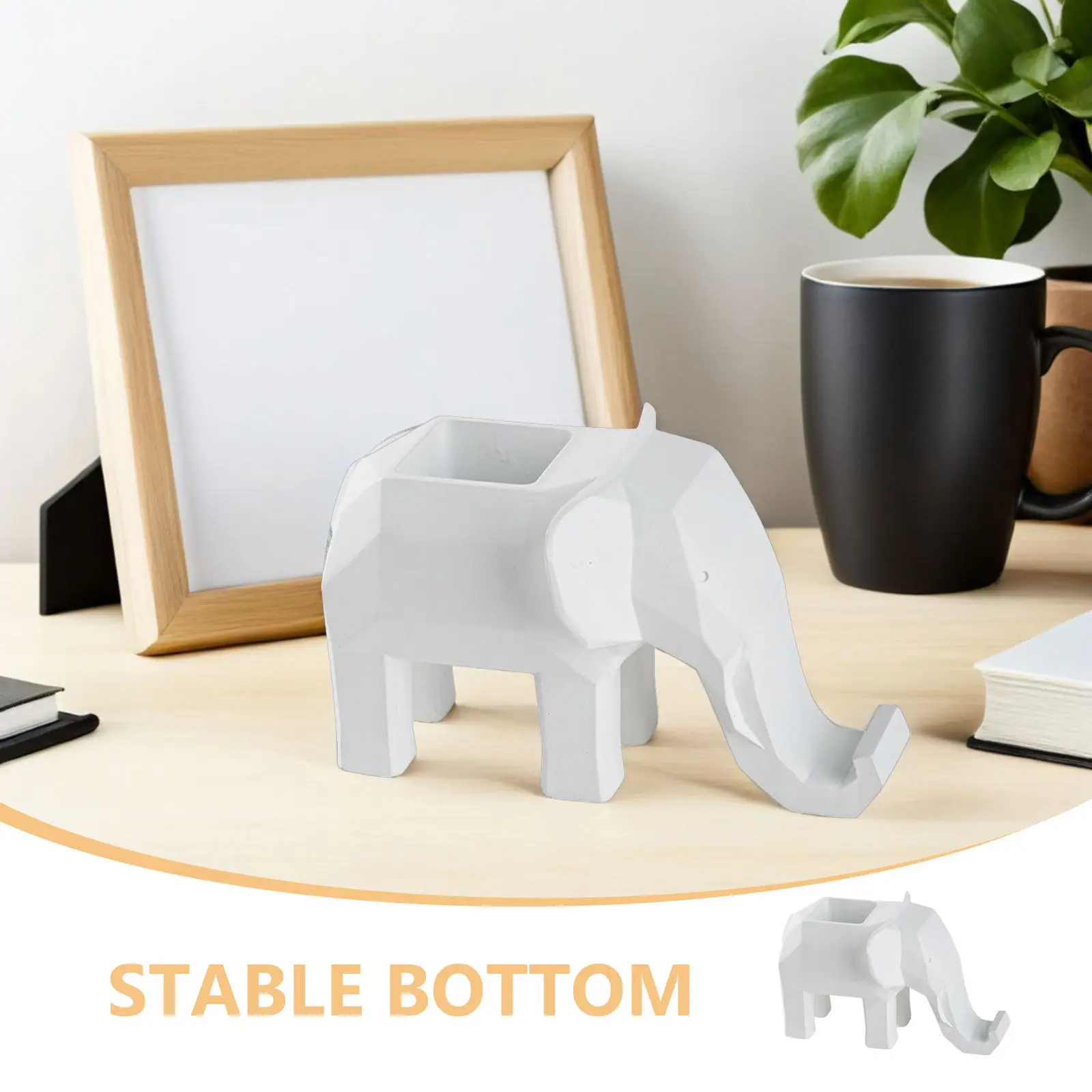 Elephant Pen Pencil Holder Geometric Resin Elephant Decor Desk Organizer Phone Stand Office Storage Workspace Animal Pen Bucket