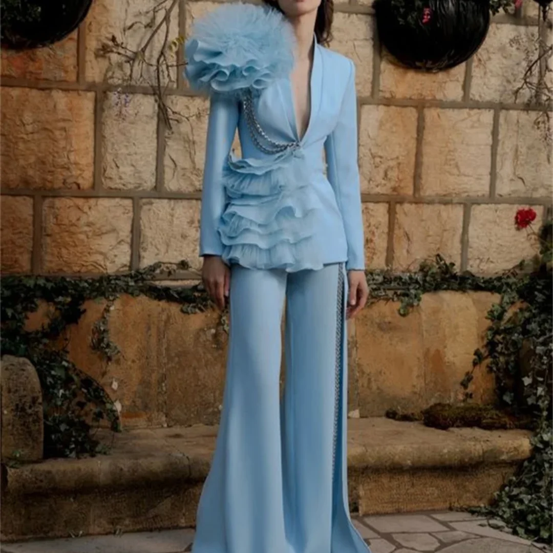 

Luxury Crystals Women Pants Suits Sets 2 Pieces Blazer With Ruffles Tull Wide Leg Designer Party Prom Dress Custom Made