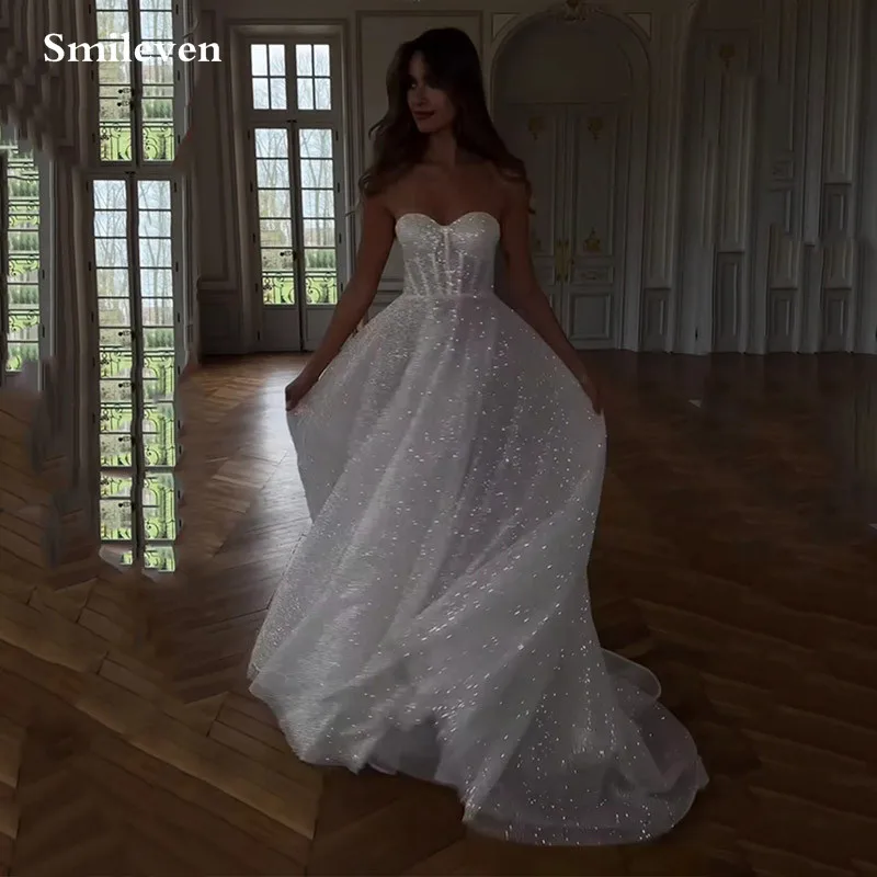 Smileven Długa suknia ślubna A Line Shiny Glitter Tulle Bride Dresses Mini Sweetheart Neck Floor Length Vestido de novia 2024