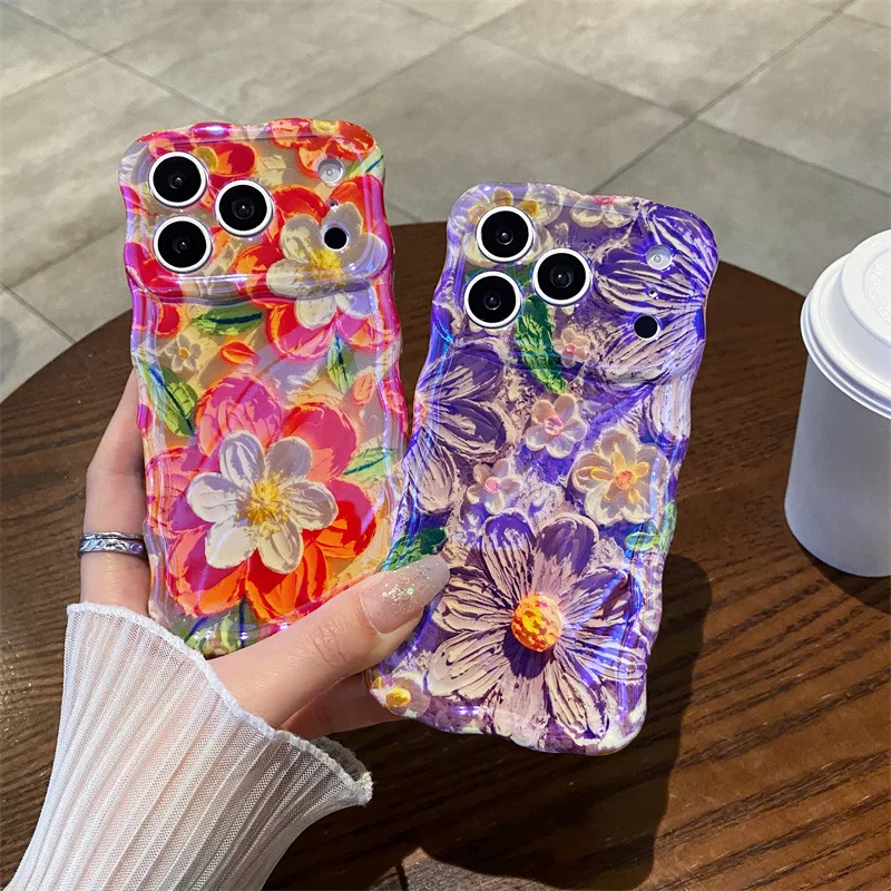 Luxuriöse Handyhülle mit Blauem Licht-Ölgemälde-Blumenmuster und Wellenrand für iPhone 14 15 16 17 Pro Max, Stoßfeste Schutzhülle