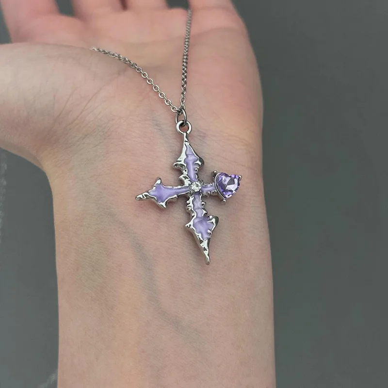 LATS 2025 New Purple Love Cross Necklace Exquisite Trend Punk Dark Style Clavicle Chain Fashion Jewelry