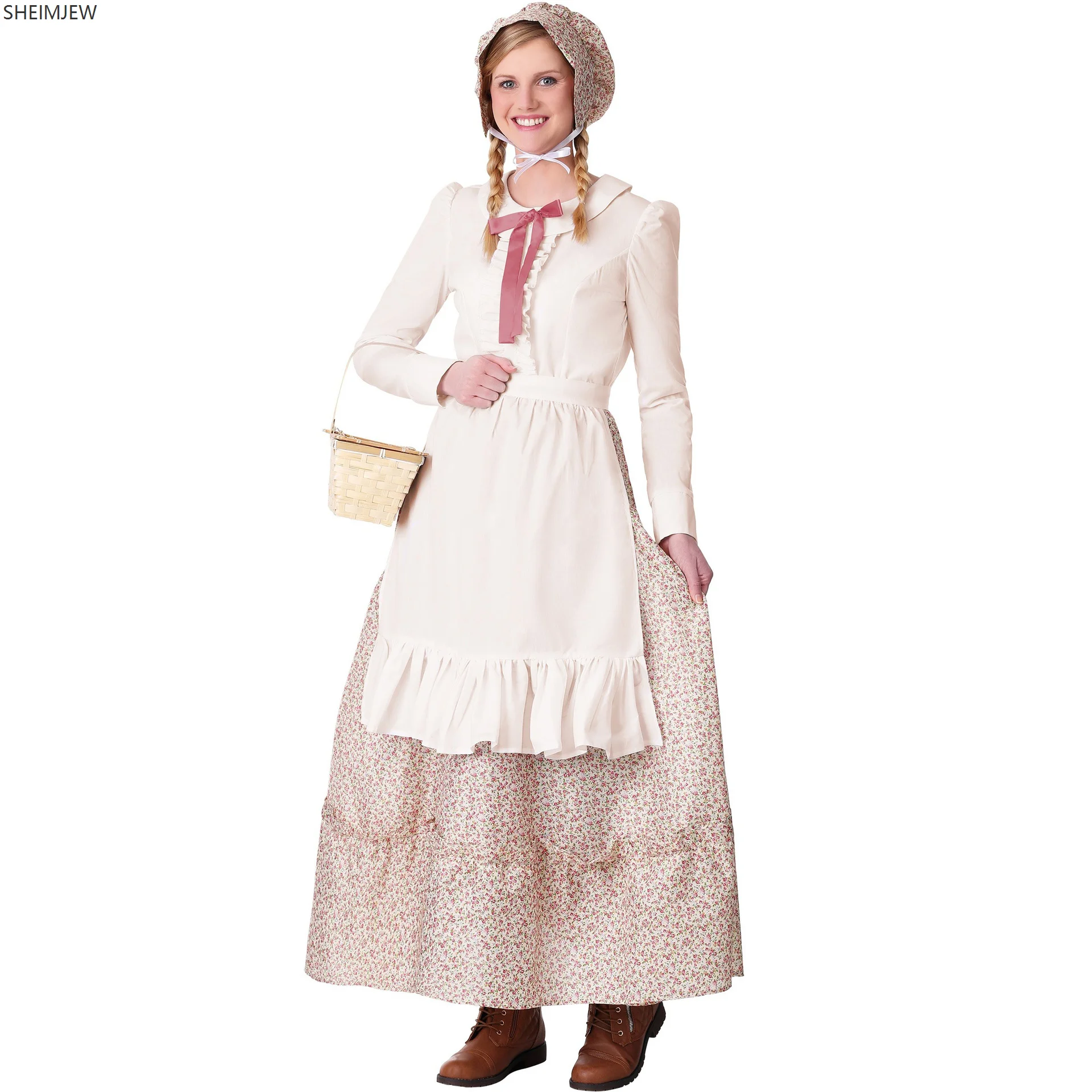 

Medieval Prairie Pioneer Costume Cosplay Women's Hat Colonial Village Aunt Floral Apron Dress Halloween Carnival Party Costume