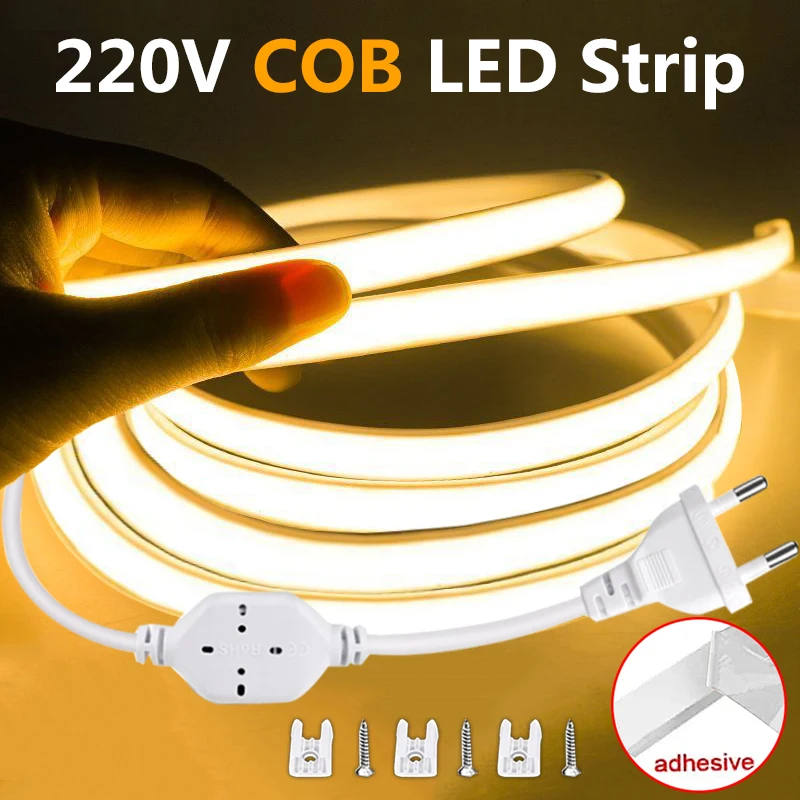Super Bright 220V LED Strip with ON-OFF Switch COB LED Tape Ribbon EU Plug Adhesive Lights For Kitchen Room Outdoor Lighting