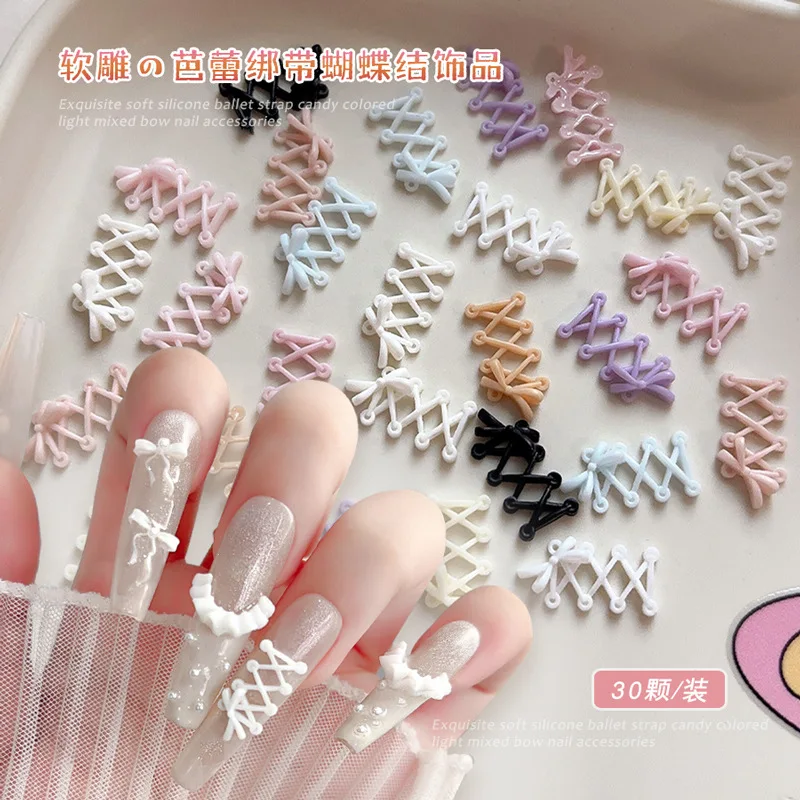 30PCS 3D Acrylic French Nail Ballet Shoelaces Charms Cross Tie Straps Accessories For Manicure Decor Nails Decoration Supplies