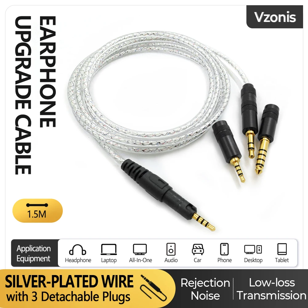 Silver-plated Headphone Upgrade Cable Audio Line with 2.5MM 3.5MM 4.4MM Detachable Male Plugs Suit for ATH-M50X M40X M70X