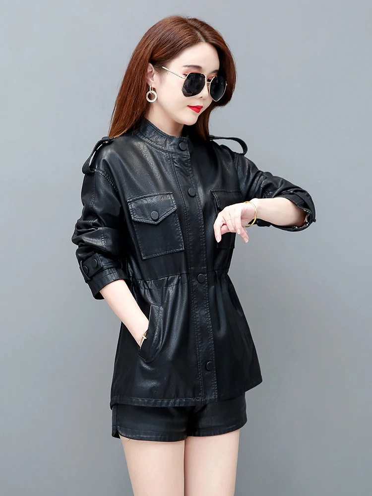 Vrouwen Schapenvacht Jassen 2025, Herfst Koreaanse Losse Elastische Taille Casual Vrouwelijke Lange Mouwen Slim-fit Split Lederen jassen