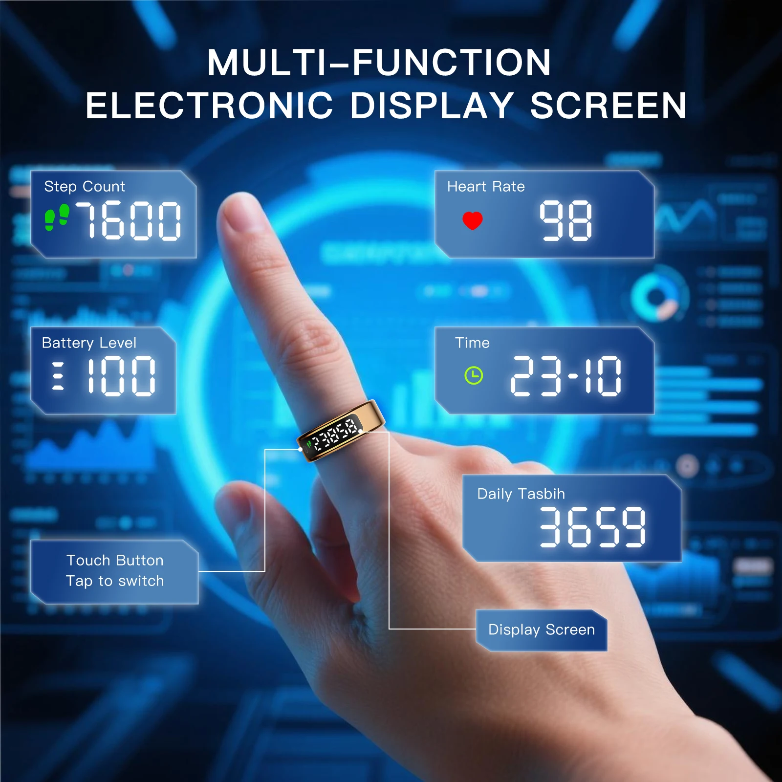 AMOVAN Smart Ring con display a LED Tracker sanitario e pulsante a sfioramento, connessione Bluetooth Monitor sanitario