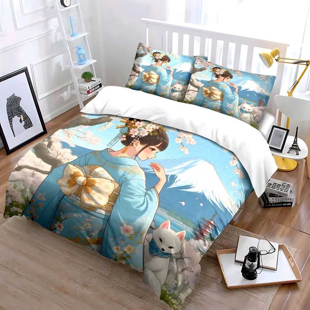 Girl in kimono with cherry blossoms Bedding Set for Kids Luxury Gift 3pcs Digital Print Comforter Set Soft Comfortable
