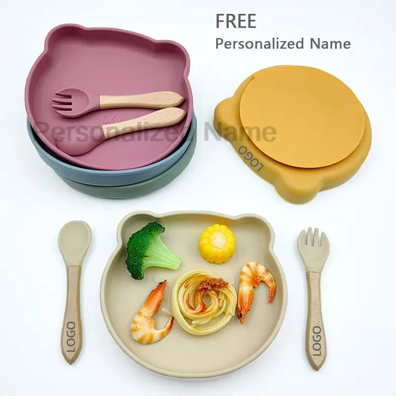 Personalized Name Baby Silicone Feeding Plate Bear Colorful Dinner Plate With Suction Cup Wooden Handle Fork Spoon Children Bowl