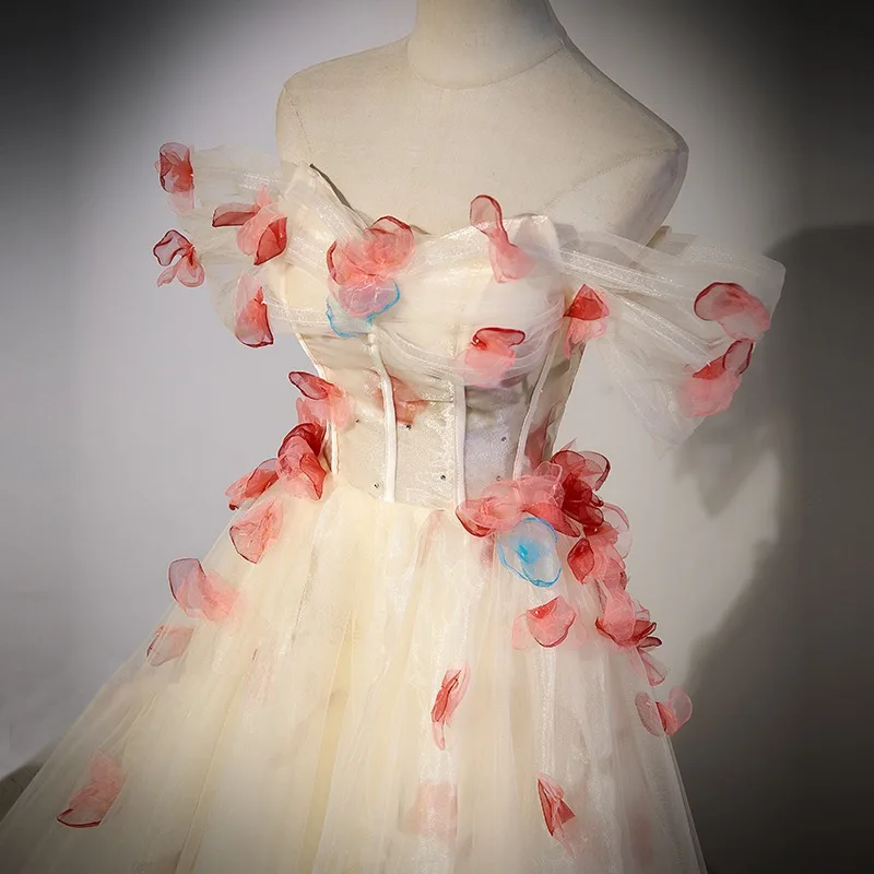 Women's One Shoulder Three-dimensional Petal Mesh Strapless Light Wedding Dress Long Skirt Fashionable Niche Host Evening Dress