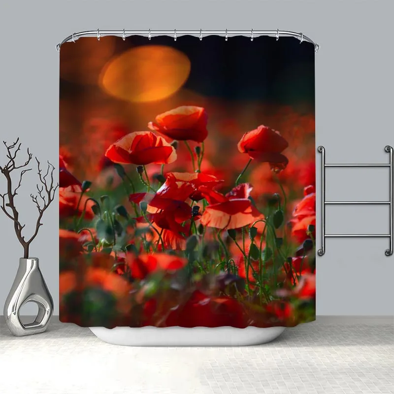 New Product Poppies Flowers Shower Curtain Polyester Fabric Screens Curtains For Bathroom 3D Waterproof Bath Curtain With Hooks