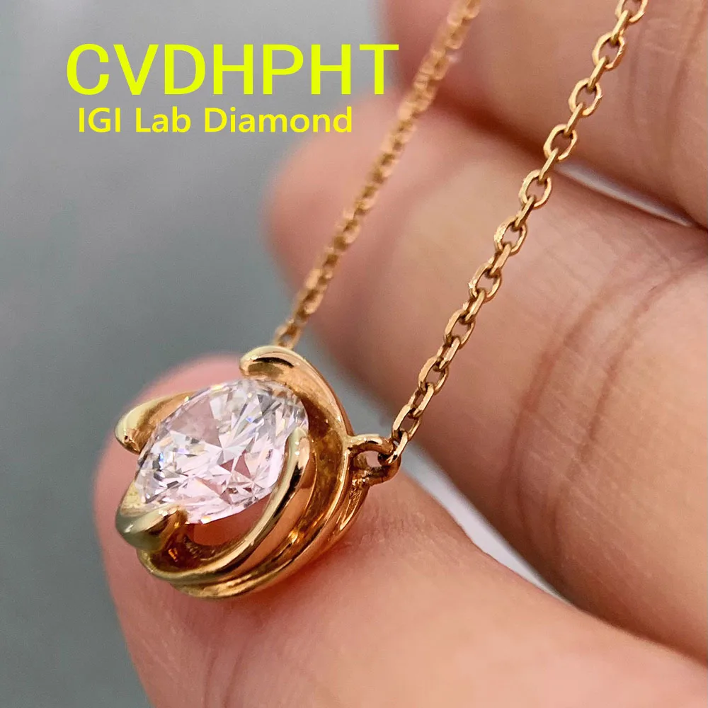 

Твердое 18-каратное розовое золото IGI CVD HPHT, выращенное в лаборатории бриллиантовое ожерелье с подвеской круглой огранки, свадебное ожерелье с бриллиантами