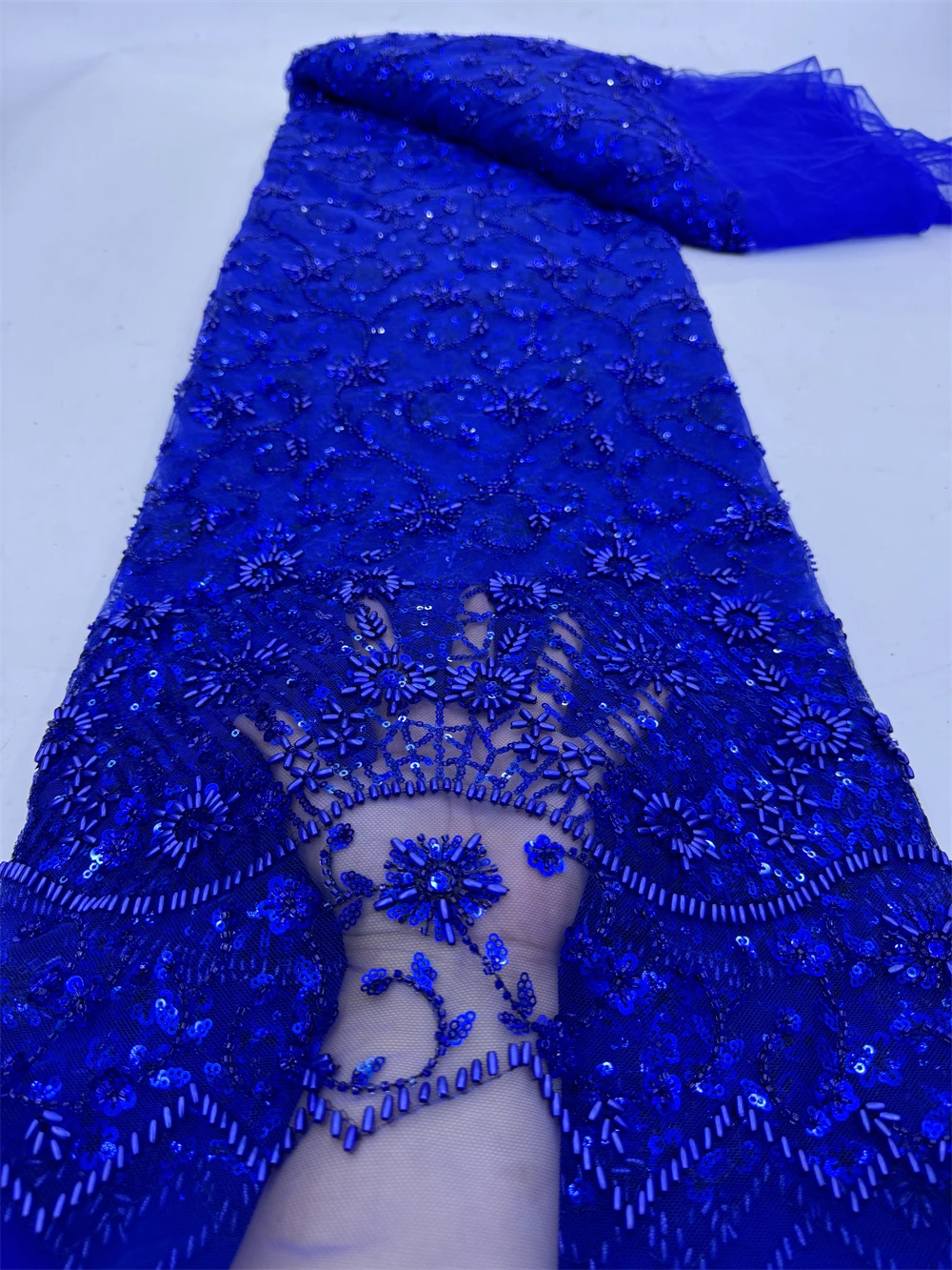 

Luxury African Sequins Lace Fabrics High Quality Embroidery French Nigerian blue Tulle Lace Fabric For Wedding Party