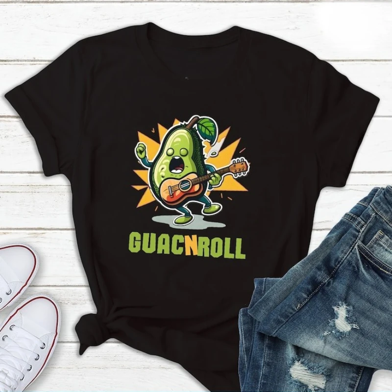Funny Avocado Shirt for Lover Guac and Roll Tee Cute Guitar Player Gift Guacamole Music Lover Adult Unisex Printed T-shirt Tops
