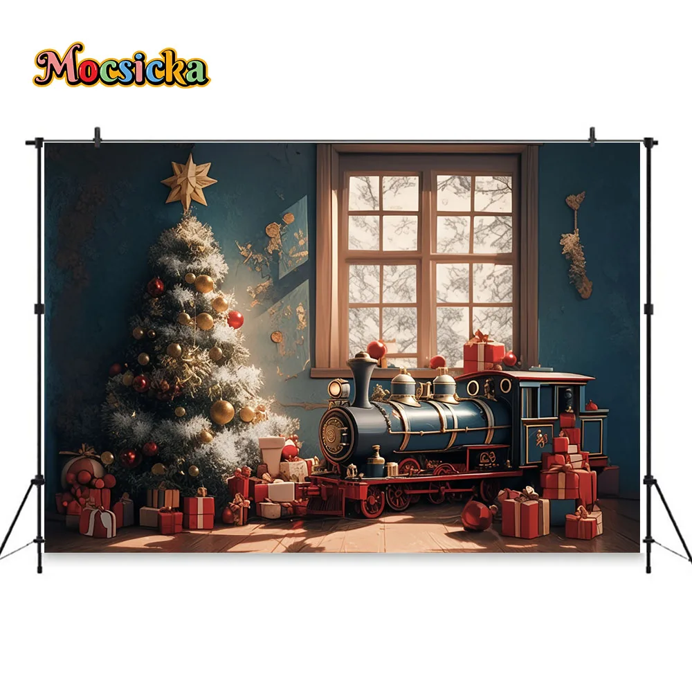 Christmas Photography Background Retro Blue Train Gift House Xmas Tree Window Backdrop Wooden Floor Decor Kid Family PhotoStudio