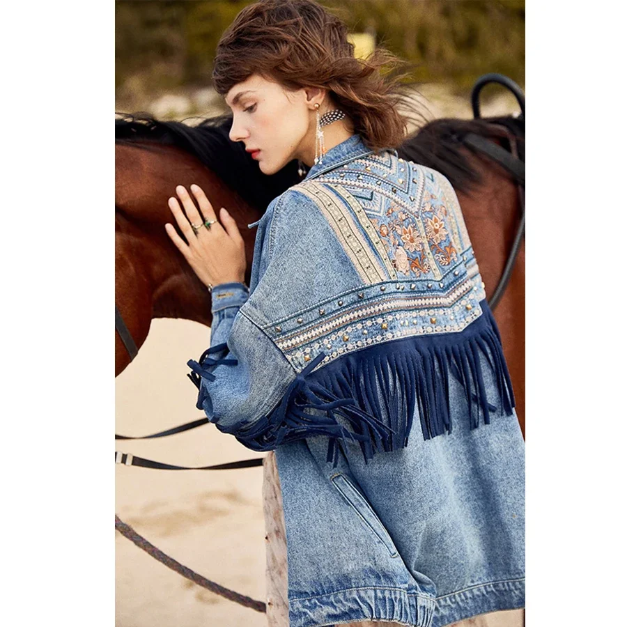 

Cotton Floral Embroidery Suede Fringe Loose Oversize Coat Denim Jackets Women Autumn Vintage Long sleeve Outerwear Boho Jacket