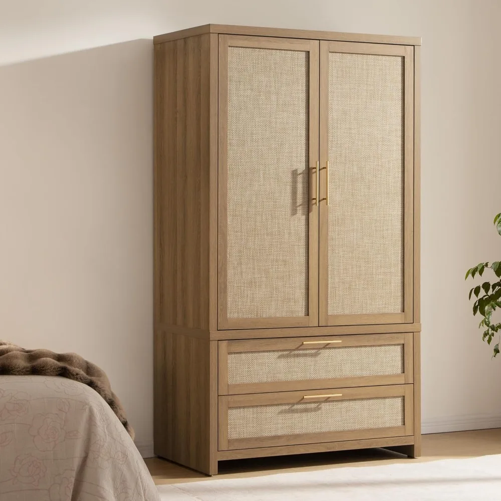 

Rattan Armoire Wardrobe Closet Cabinet, 71" Tall Wardrobe Storage Cabinet with Doors, Larger Drawers and Hanging Rod, Boho Armo