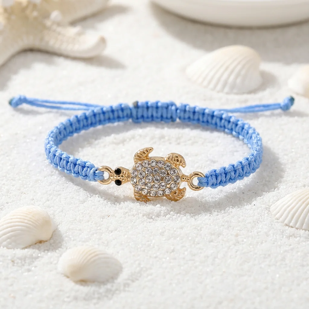 Sparkling Sea Turtle  Rope Bracelet Lucky Blue Cord Friendship  Cute Y2K Aesthetic Crystal for Women Ocean Lover Jewelry