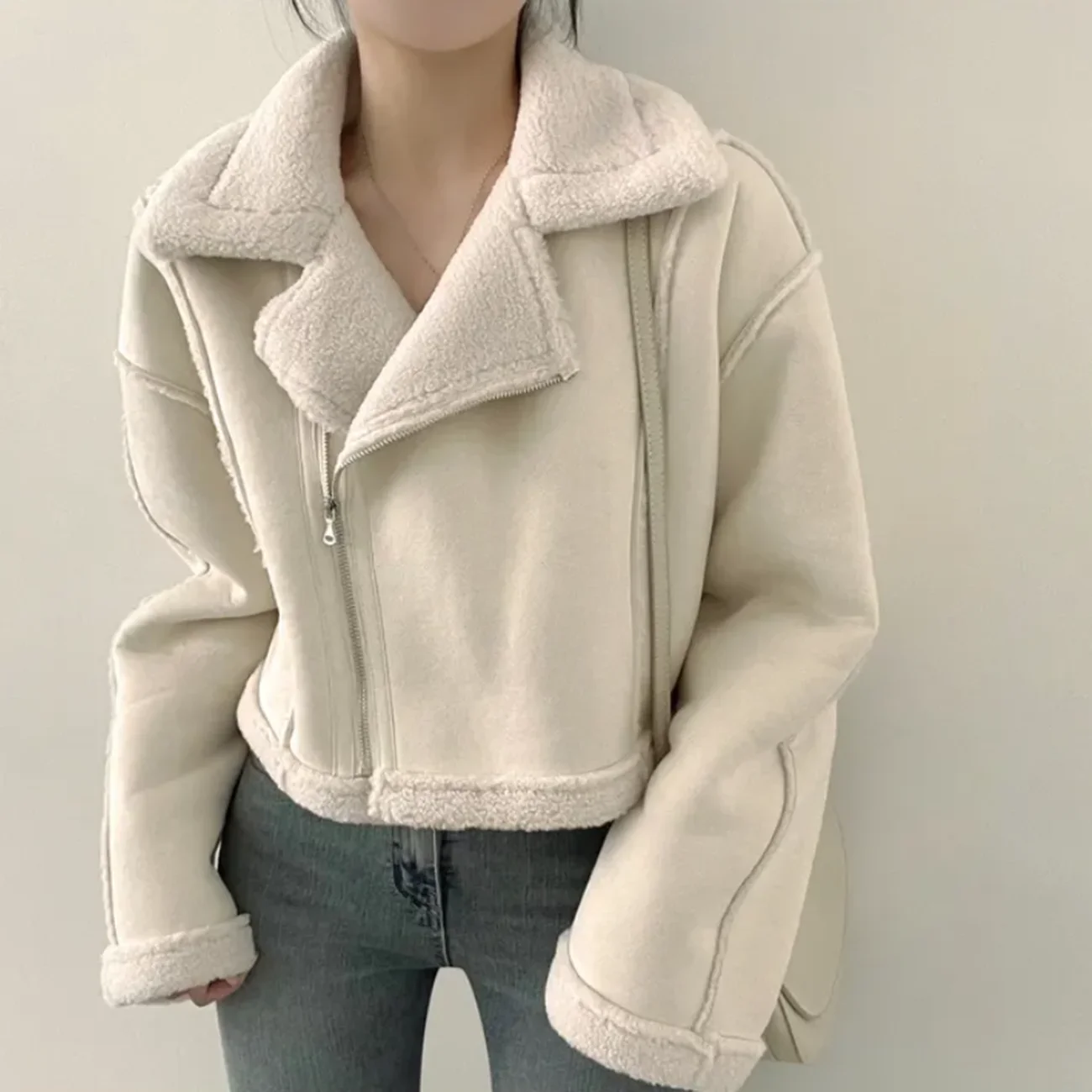 AI.Fashion Streetwear Lapel Jackets Women Patchwork Lamb Wool Coats Women Elegant Zipper Warm Short Jackets Female Ladies