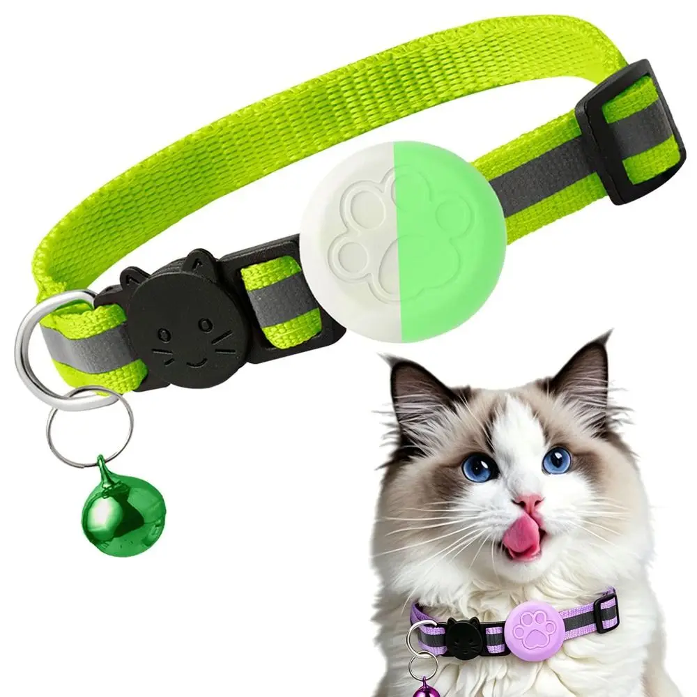 Adjustable Pet Collar with Bell Silicone Protector Reflective Strip Locator Holder Collar Lightweight Breathable for AirTag