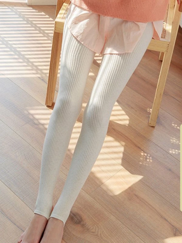 Winter Warm Leggings Women High Waist Stretchy Fitness Thermal Ankle Length Knitting Basic Solid Ribbed Daily All-match Bottom