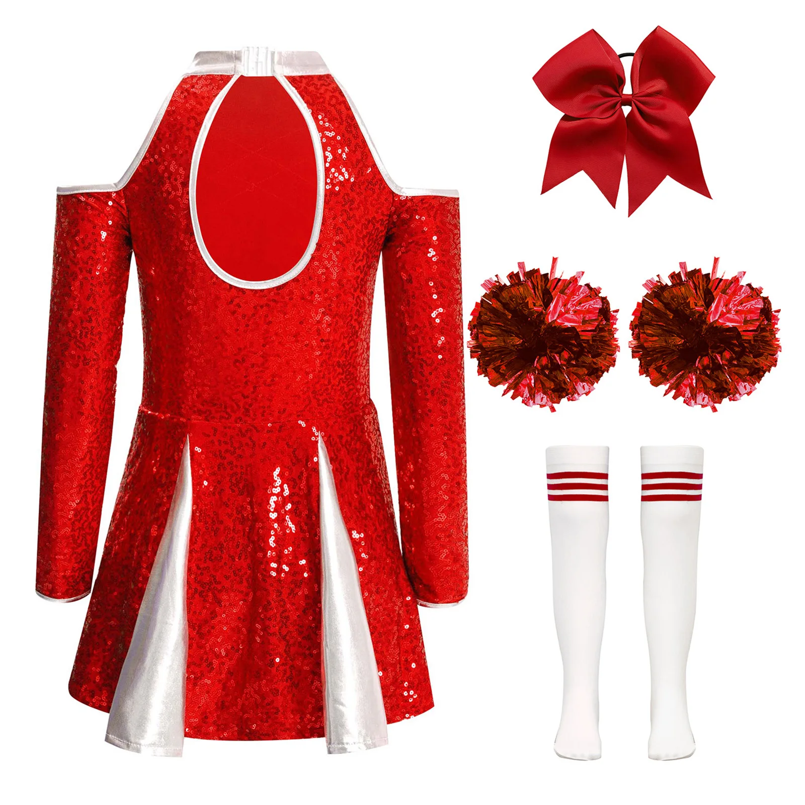 Kids Girls 4Pcs Cheerleading Costume Cheer Uniform Shiny Sequins Cold Shoulder Mini Dress with Accessories Cosplay Outfits