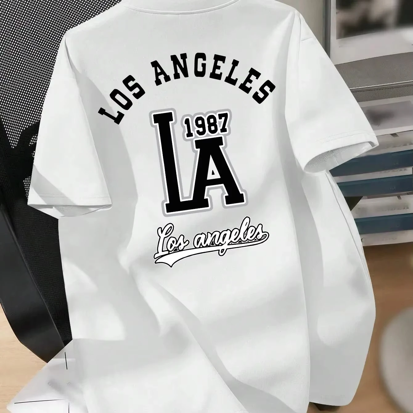 2026 White Back Print Vintage Varsity LA Letter Graphic T-shirt Black Print Soft Cotton Short Sleeve Unisex Casual Daily Tee