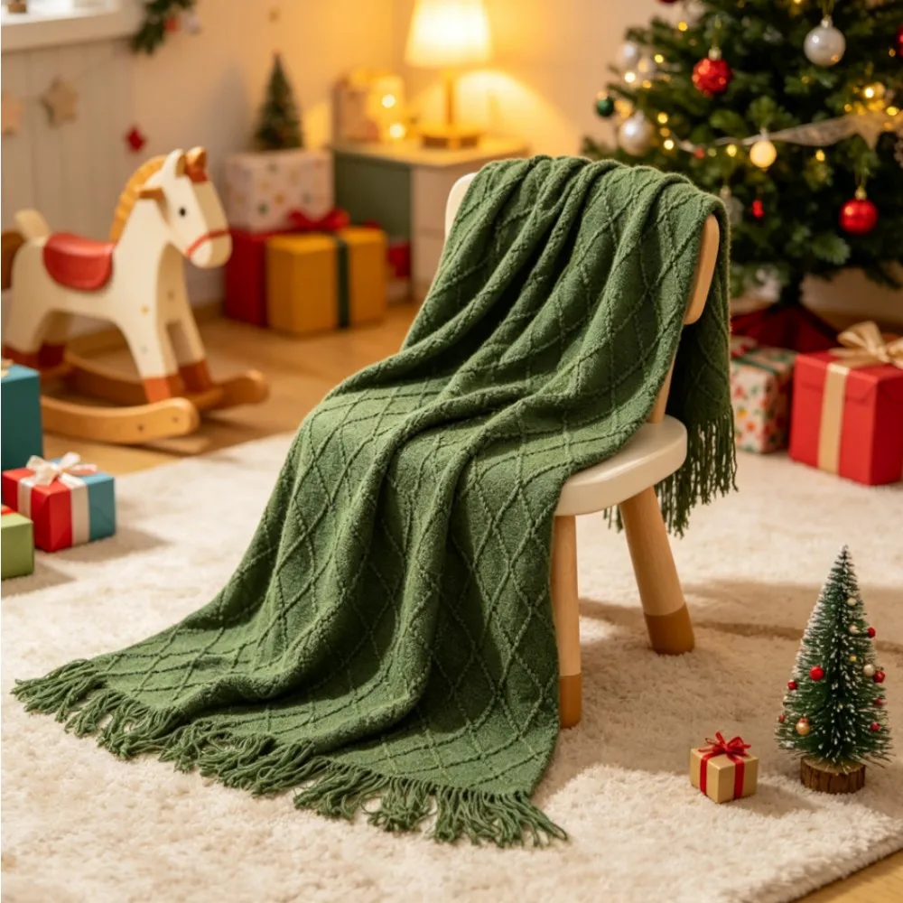 Christmas Green Gift Chunky Knitted Throw Blanket Textured Vintage Luxury Bedspread Cover for Sofa Big Size Manta Para Sofá