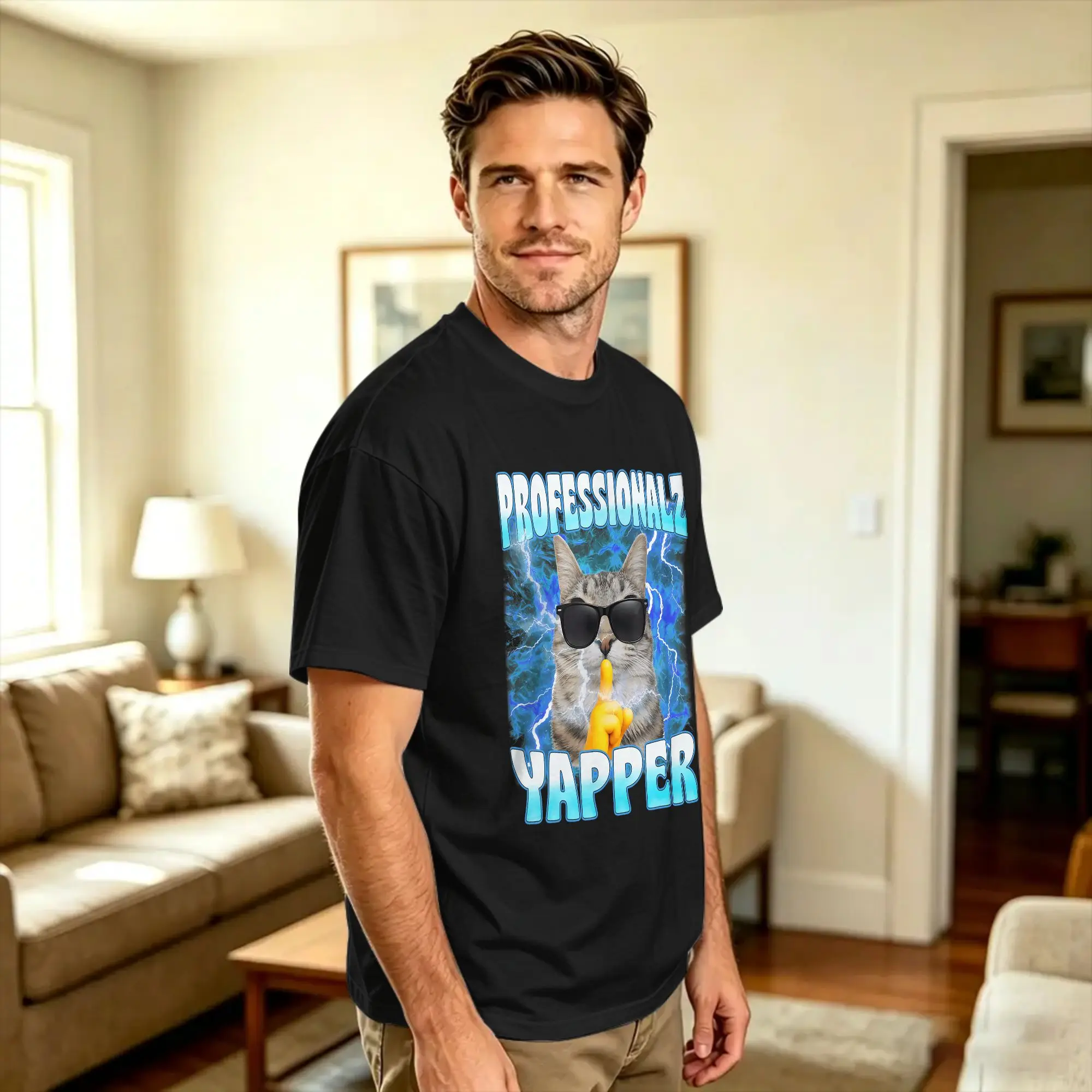 Professional Yapper Cat Funny Oddly Specific Dank Meme T-Shirt Men  Awesome T Shirts Beach O Neck Harajuku Tee Shirt Oversized