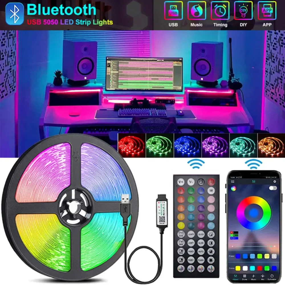 Tiras de luz LED RGB, fita adesiva, USB, Bluetooth, WiFi, parede, decoração do quarto, corda de gelo, faixa de iluminação do feriado, 5V, 10 m